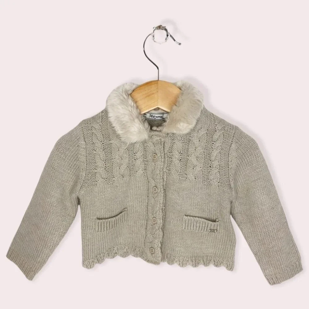 Mayoral cardigan sweater beige cable knit angora blend faux fur collar 6 months